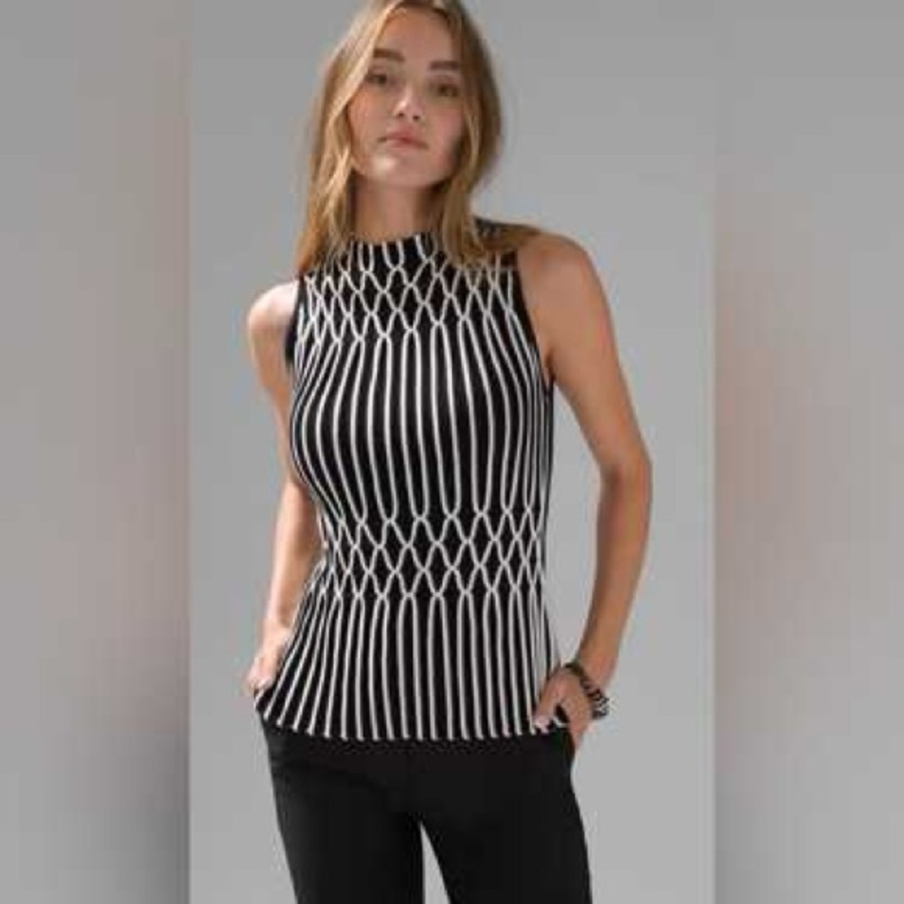 White House Black Market Mock Neck Sleeveless Sweater Top Black White Size XS